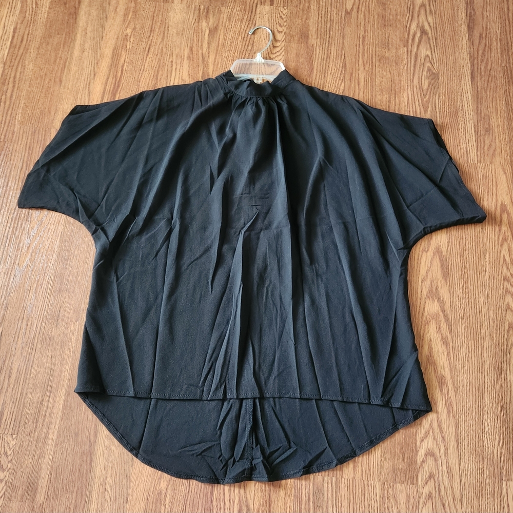 Black Casual Tie Back Mock Neck Dolman Sleeve Blouse